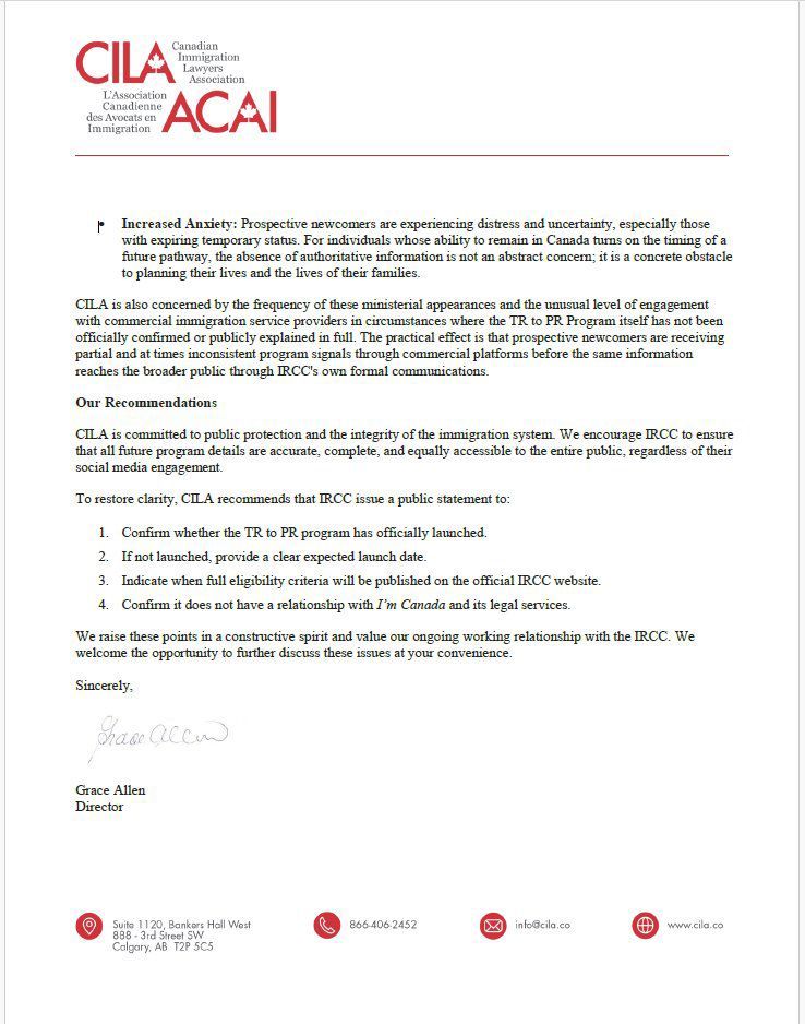 CILA letter to Minister Diab, page 2, signed by Director Grace Allen