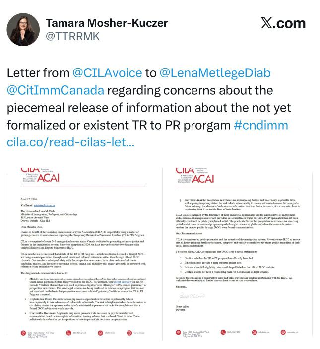 X post by Tamara Mosher-Kuczer sharing CILA's letter to Minister Diab regarding the TR to PR Program