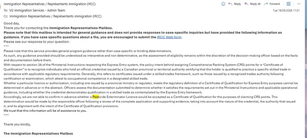 IRCC's May 19, 2026 response to VG Immigration's pest control COQ inquiry