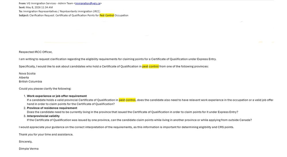 VG Immigration's May 8, 2026 email to IRCC asking about pest control COQ eligibility