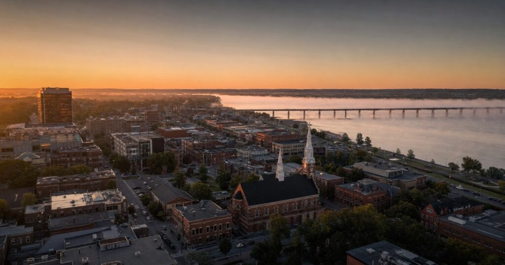 Dawn over downtown New Brunswick — editorial photo for VG Immigration NB Strategic Initiative Stream guide