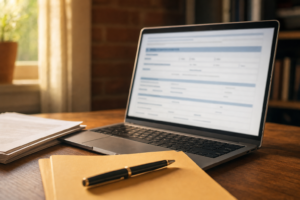 Laptop showing a blurred immigration application form on a warm wooden desk beside a manila folder, pen and printed documents — editorial photograph on AI and immigration fraud in Canada