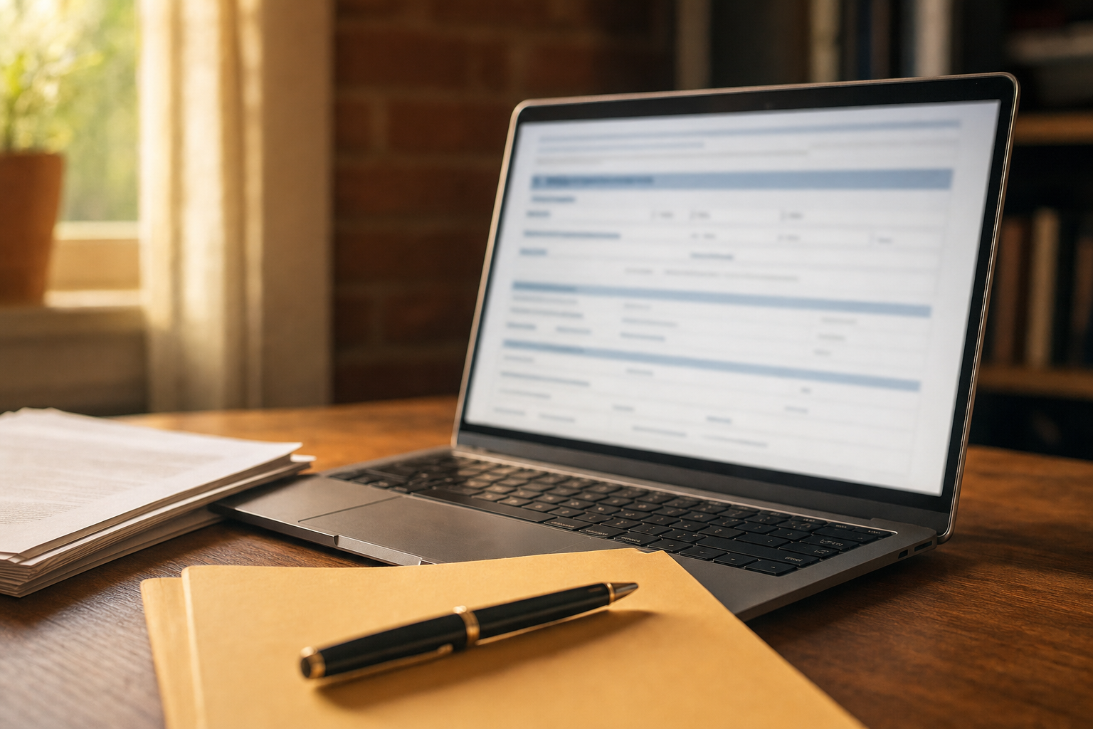 Laptop showing a blurred immigration application form on a warm wooden desk beside a manila folder, pen and printed documents — editorial photograph on AI and immigration fraud in Canada