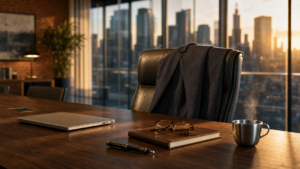 Empty executive chair at a walnut boardroom table with a folded blazer, closed laptop, leather notebook and coffee cup, overlooking a soft-focus city skyline at golden hour — symbolizing the July 10 2026 Senior Managers Express Entry draw.