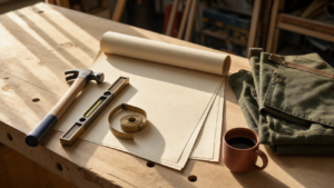 Editorial workshop bench flat-lay with carpentry hand tools, spirit level, tape measure and canvas apron in warm morning light — Canadian skilled trades Express Entry