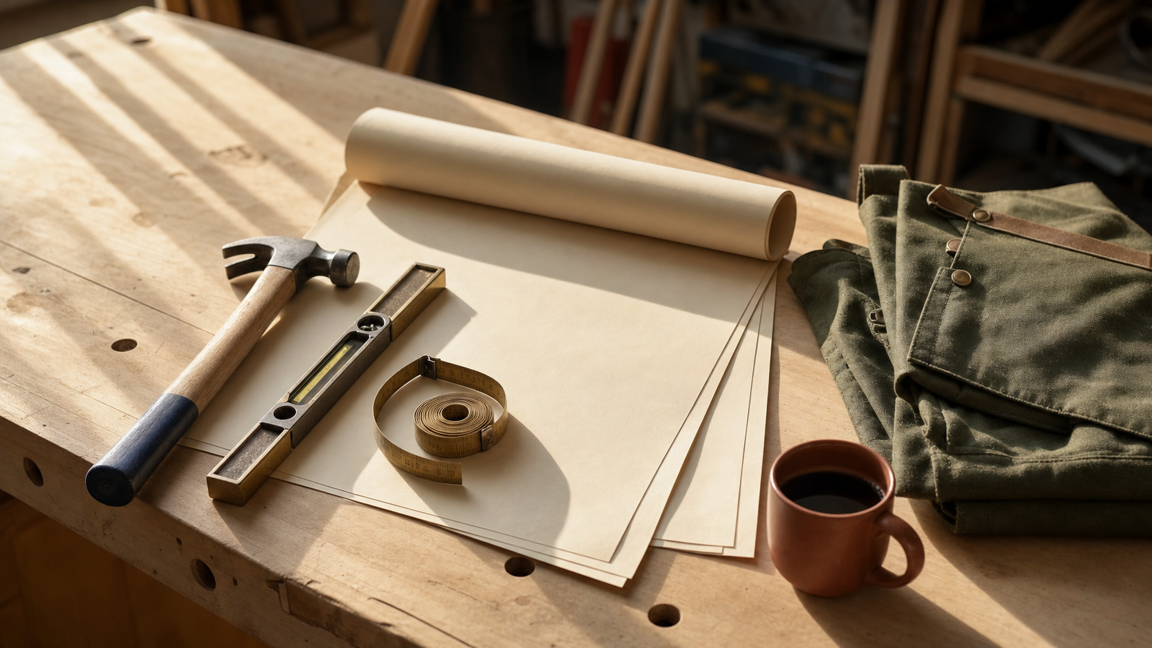 Editorial workshop bench flat-lay with carpentry hand tools, spirit level, tape measure and canvas apron in warm morning light — Canadian skilled trades Express Entry