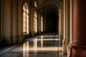 Grand judicial hallway with warm morning light — courthouse architectural photograph