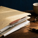 Worn manila legal case folder on walnut desk with fountain pen, tortoise reading glasses and ceramic tea mug — editorial photograph illustrating an in-Canada humanitarian and compassionate immigration file