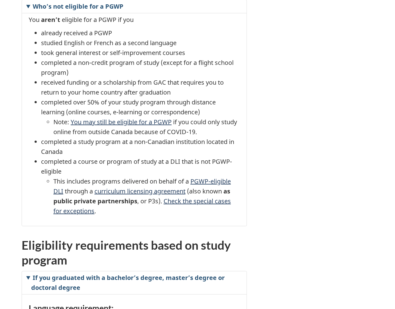 Screenshot of the canada.ca Who is not eligible for a PGWP list captured on 8 July 2026 after the 24 June 2026 policy update, now including the completed a non-credit program of study bullet