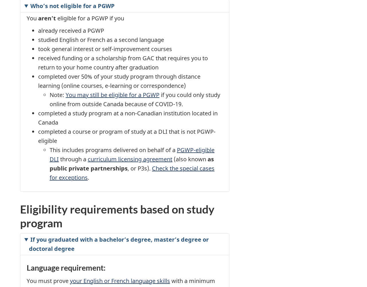 Screenshot of the canada.ca Who is not eligible for a PGWP list captured on 6 June 2026 by the Internet Archive Wayback Machine, showing no non-credit program of study bullet