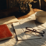 Handwritten letter, leather passport folder, reading glasses and empty teacup on a linen-covered table in warm window light — editorial still life for the 2026 Parent and Grandparent Program and Super Visa update.