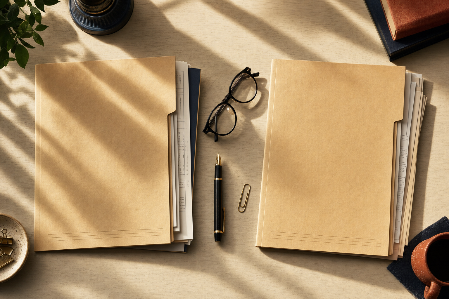 Two identical manila legal folders arranged flat on a warm desk, symbolizing side-by-side PGWP reconsideration files