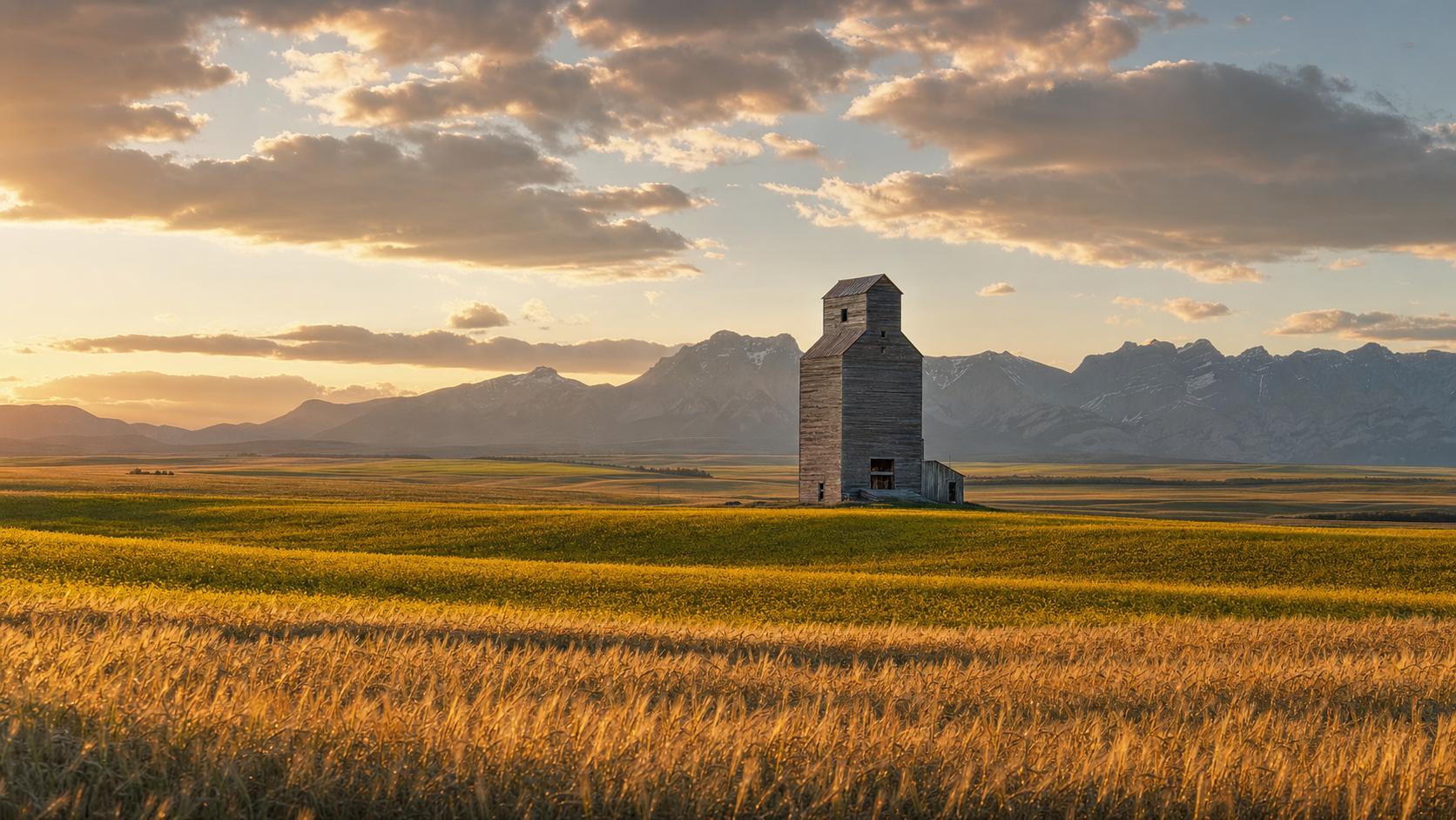 Alberta prairie landscape at golden hour with a weathered wooden grain elevator and Rocky Mountain foothills in the distance
