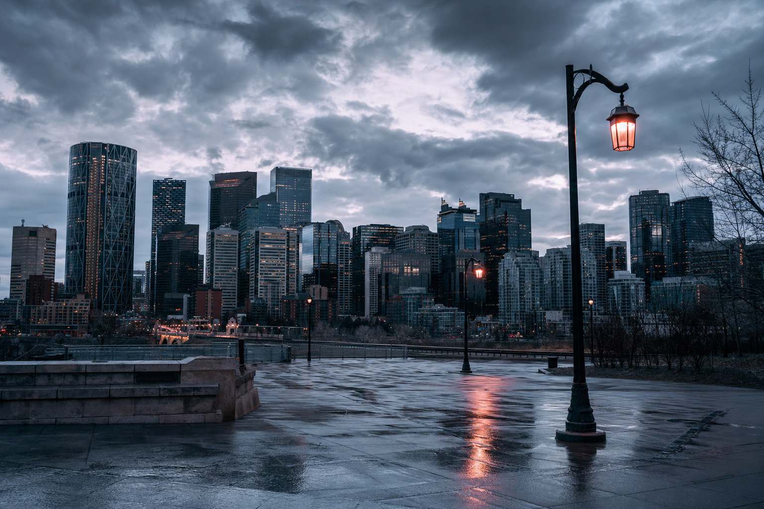 Calgary downtown skyline at dusk representing the CBSA enforcement action at the international student PGWP protest, August 2026