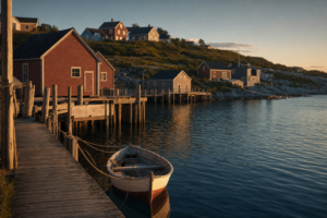 Newfoundland and Labrador coastal harbour at golden hour with weathered wooden wharves, colourful saltbox houses, and a small wooden dory tied at the pier — provincial immigration draw July 28, 2026