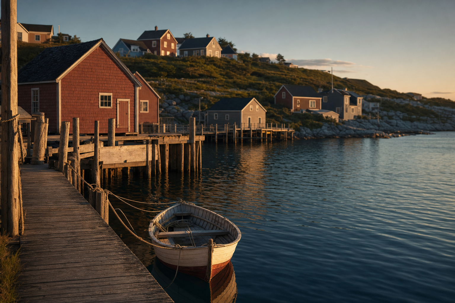 Newfoundland and Labrador coastal harbour at golden hour with weathered wooden wharves, colourful saltbox houses, and a small wooden dory tied at the pier — provincial immigration draw July 28, 2026