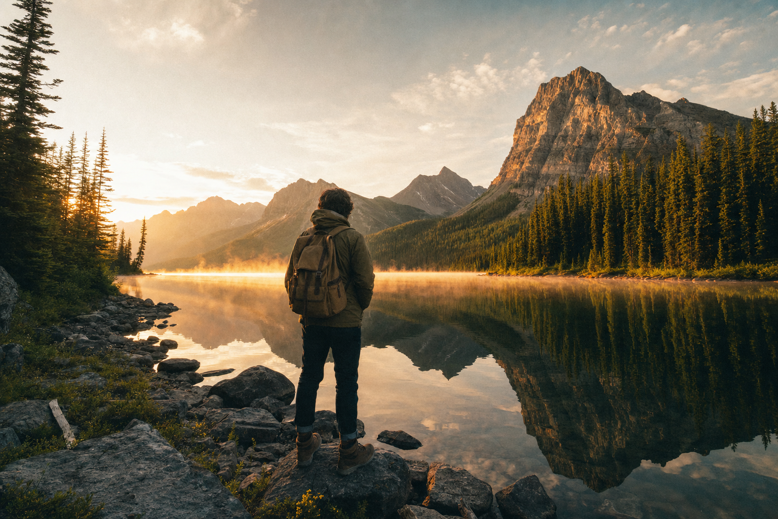 Young backpacker standing on rocky lakeshore at golden hour looking across a calm Canadian mountain lake toward pine-forested peaks reflecting warm sunset light