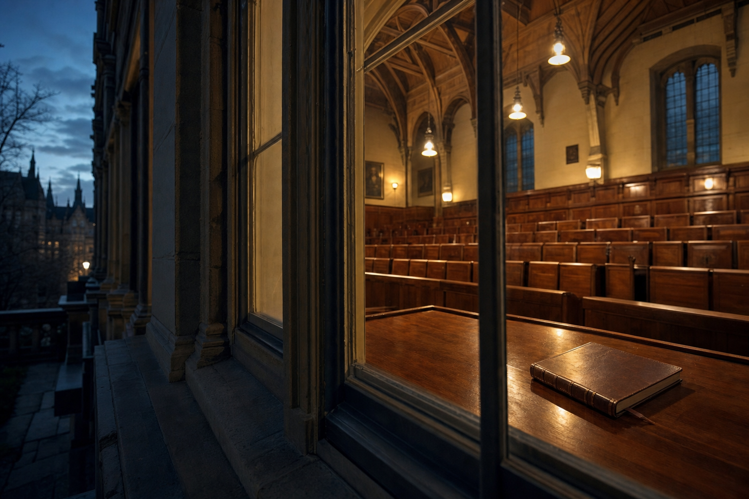 Empty university lecture hall at dusk with warm interior lighting spilling through arched windows onto stone architecture, a leather-bound thesis on a wooden desk in the foreground